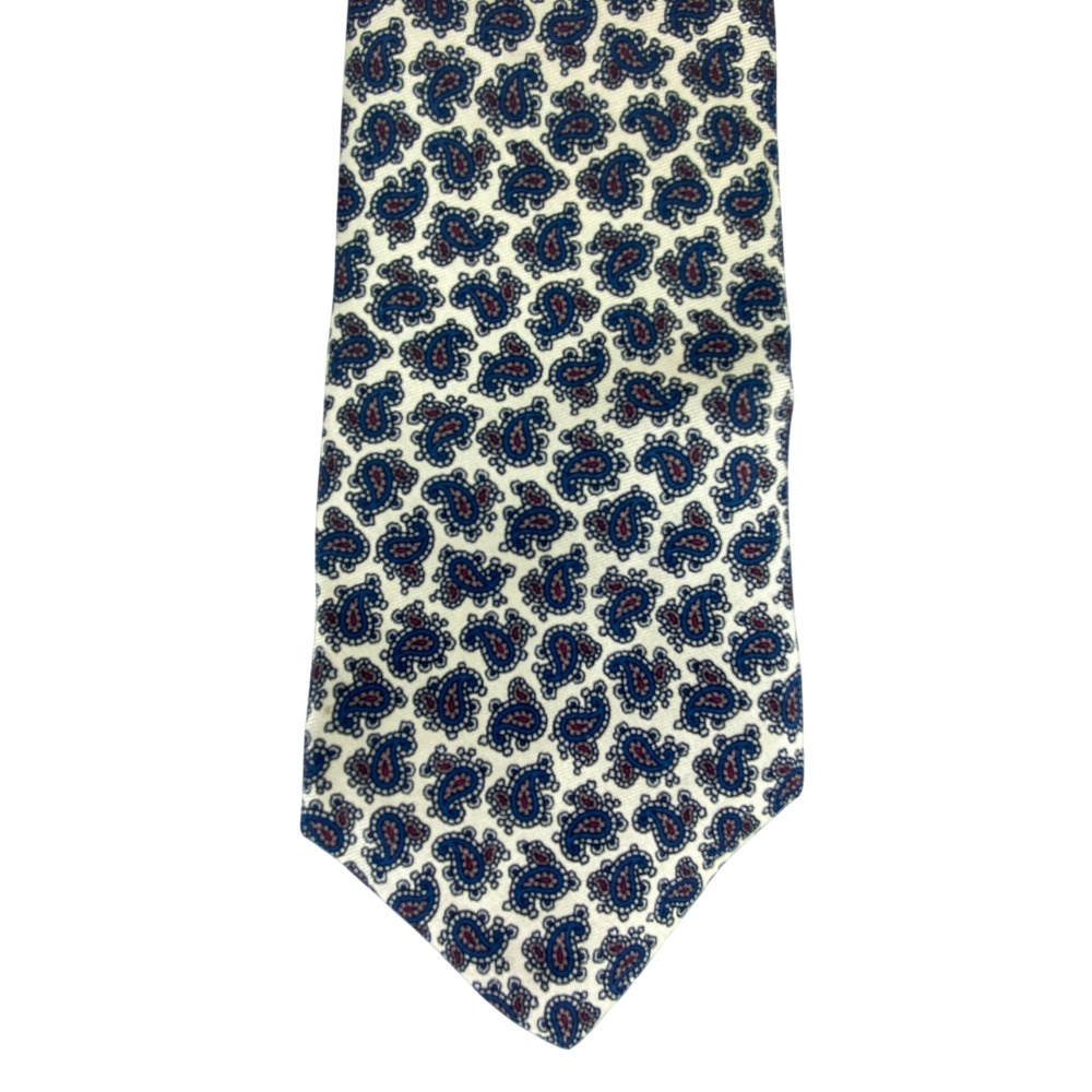 VTG Bert Pulitzer Silk Tie Mens Cream Blue Paisley Hand Printed England 55x3.25